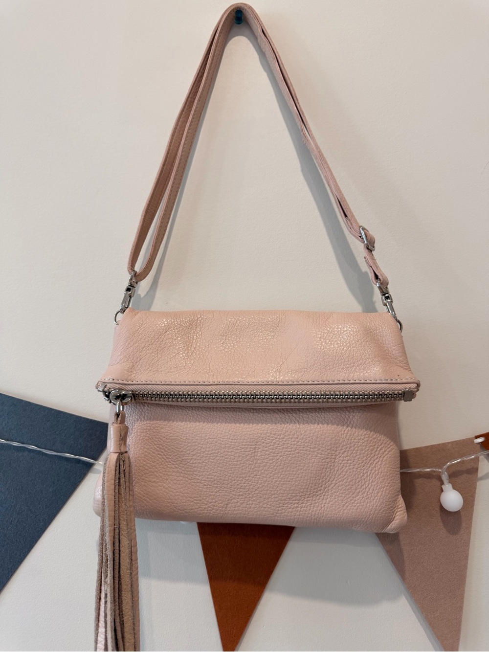 Roots Blush Pink Leather Fold-Over Crossbody Bag